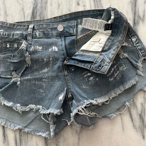 SHEIN Denim Shorts Petite medium frayed hem and metallic silver accents